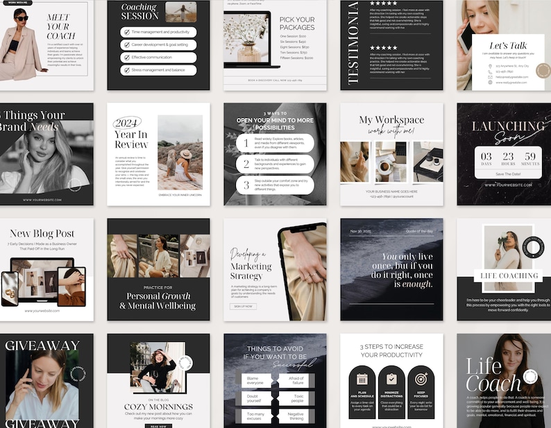 May include: A collection of 16 Instagram post templates for a life coach. The templates feature a black and white color scheme with a minimalist design. The text on the templates includes phrases like "Meet Your Coach", "2024 Year in Review", "Developing a Marketing Strategy", "Things to Avoid if You Want to Be", "3 Steps to Increase Your Productivity", and "Life Coach".