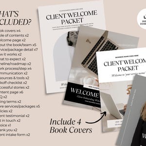 以下が含まれることがあります： ミニマリストなデザインのクライアントウェルカムパック。画像には、「Client Welcome Packet」や「Welcome to your service name」などのテキストを含む、パックのいくつかのモックアップが含まれています。画像には、パックの内容も記載されています。