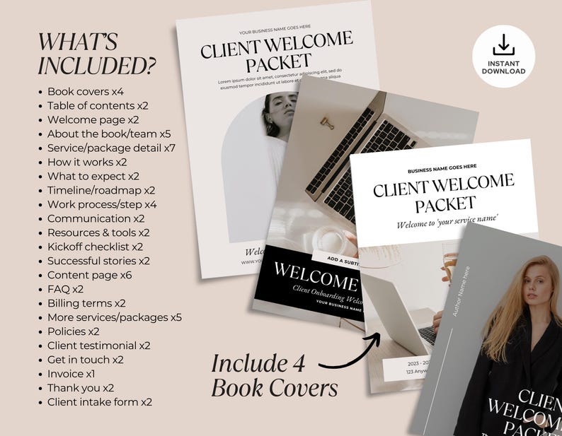 以下が含まれることがあります： ミニマリストなデザインのクライアントウェルカムパック。画像には、「Client Welcome Packet」や「Welcome to your service name」などのテキストを含む、パックのいくつかのモックアップが含まれています。画像には、パックの内容も記載されています。