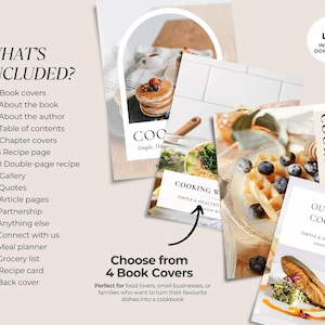 May include: Several cookbook covers featuring food photography of pancakes, waffles, and a salmon dish. The image includes the text "COOKBOOK" and "OUR FAMILY COOKBOOK". The image also includes a list of what's included in the cookbook.