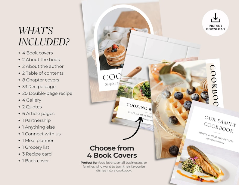 May include: Several cookbook covers featuring food photography of pancakes, waffles, and a salmon dish. The image includes the text "COOKBOOK" and "OUR FAMILY COOKBOOK". The image also includes a list of what's included in the cookbook.