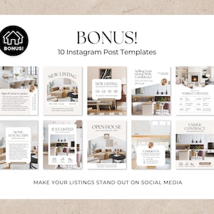 Może przedstawiać: Cyfrowa kolekcja 10 szablon&oacute;w post&oacute;w na Instagram dla ofert nieruchomości. Grafika zawiera tekst BONUS! 10 Instagram Post Templates oraz MAKE YOUR LISTINGS STAND OUT ON SOCIAL MEDIA, prezentując r&oacute;żne projekty układ&oacute;w.