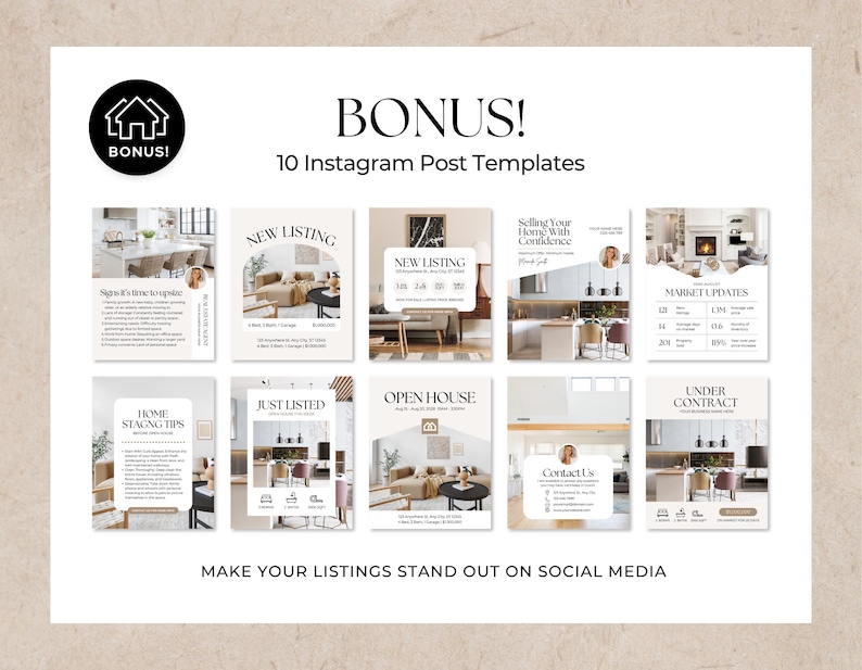 Może przedstawiać: Cyfrowa kolekcja 10 szablon&oacute;w post&oacute;w na Instagram dla ofert nieruchomości. Grafika zawiera tekst BONUS! 10 Instagram Post Templates oraz MAKE YOUR LISTINGS STAND OUT ON SOCIAL MEDIA, prezentując r&oacute;żne projekty układ&oacute;w.