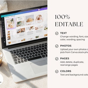 May include: A laptop computer displaying a digital cookbook template on the screen. The template is fully customizable and includes text, photos, and pages that can be edited. The image also includes a cup of coffee and a download button.