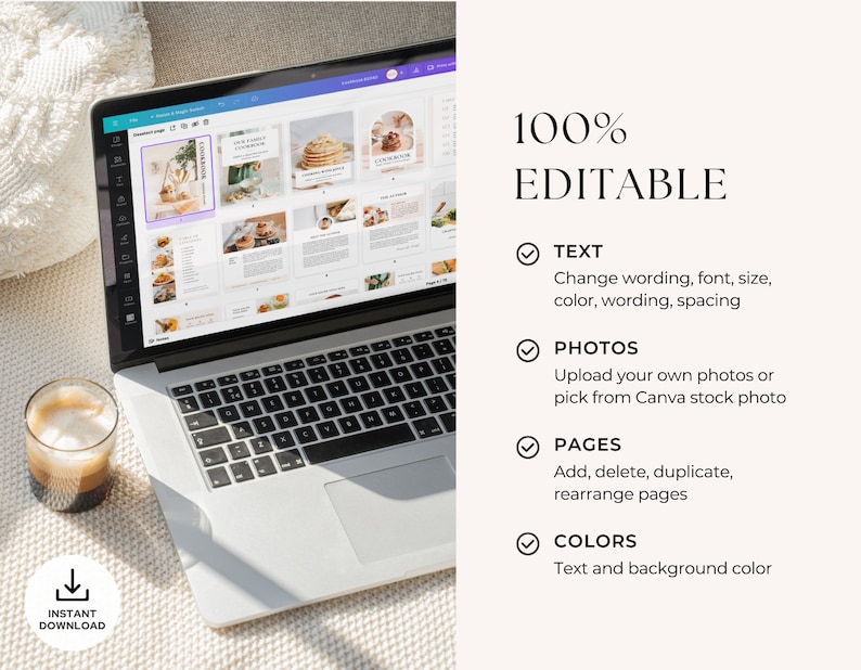 May include: A laptop computer displaying a digital cookbook template on the screen. The template is fully customizable and includes text, photos, and pages that can be edited. The image also includes a cup of coffee and a download button.