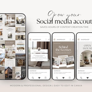May include: A mockup of a smartphone displaying Instagram templates for real estate marketing. The templates feature images of homes, with text overlays like "New Listing" and "Just Sold." The phrase "Grow your social media account" is displayed.