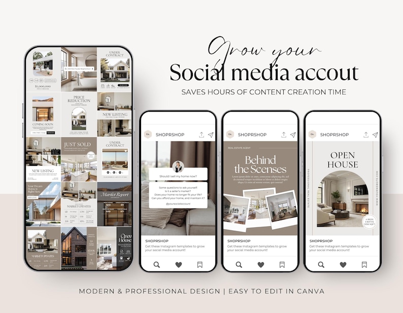 May include: A mockup of a smartphone displaying Instagram templates for real estate marketing. The templates feature images of homes, with text overlays like "New Listing" and "Just Sold." The phrase "Grow your social media account" is displayed.