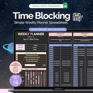 Może przedstawiać: Cyfrowy planer tygodniowy Google Sheets do blokowania czasu wyświetlany na ekranie laptopa. Interfejs posiada ciemny motyw z sekcjami na listę zadań, śledzenie nawyków oraz szczegółowy harmonogram godzinowy na 20 i 21 września 2026 roku.