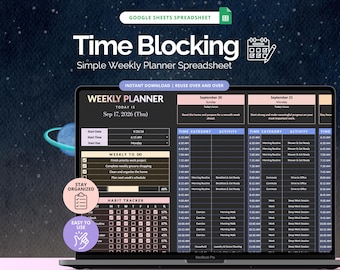 May include: A digital Google Sheets time blocking weekly planner displayed on a laptop screen. The interface features a dark theme with sections for a weekly to-do list, habit tracker, and a detailed hourly schedule for September 20 and 21, 2026.