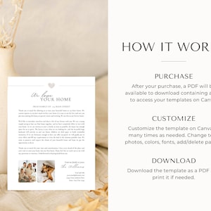 May include: A printable template for a housewarming thank you card. The card features a simple design with a heart and the text "We love your home". The card includes a sample message and space for a photo.