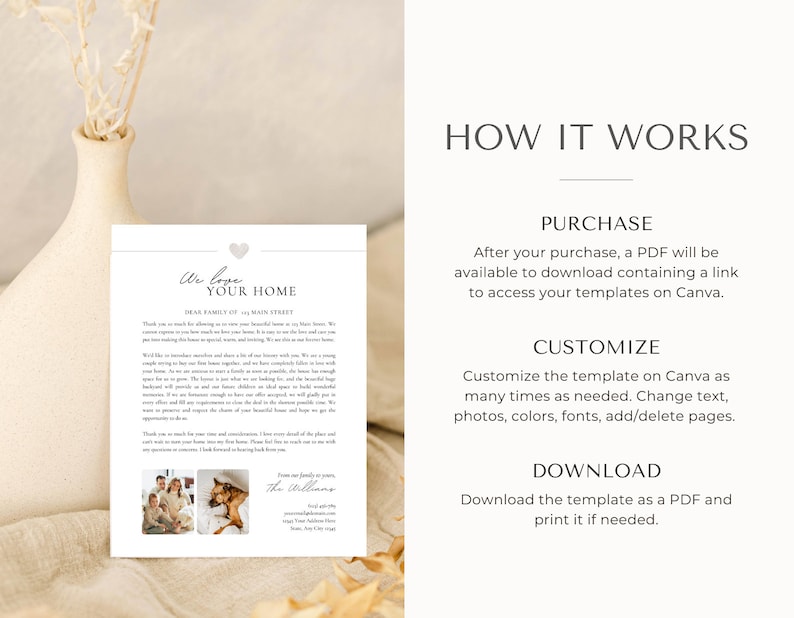 May include: A printable template for a housewarming thank you card. The card features a simple design with a heart and the text "We love your home". The card includes a sample message and space for a photo.