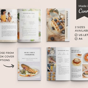 Puede incluir: Cuatro dise&ntilde;os diferentes de portada de libro de cocina. La primera portada presenta a una madre y una hija cocinando juntas. La segunda portada presenta un plato de salm&oacute;n. La tercera portada presenta un gofre con ar&aacute;ndanos. La cuarta portada presenta un plato de pasta con salsa de tomate y queso.