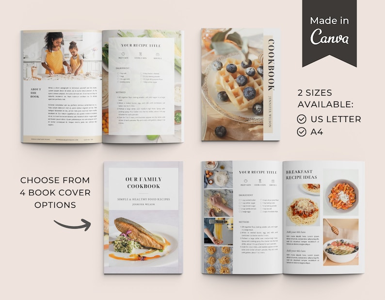 Puede incluir: Cuatro dise&ntilde;os diferentes de portada de libro de cocina. La primera portada presenta a una madre y una hija cocinando juntas. La segunda portada presenta un plato de salm&oacute;n. La tercera portada presenta un gofre con ar&aacute;ndanos. La cuarta portada presenta un plato de pasta con salsa de tomate y queso.