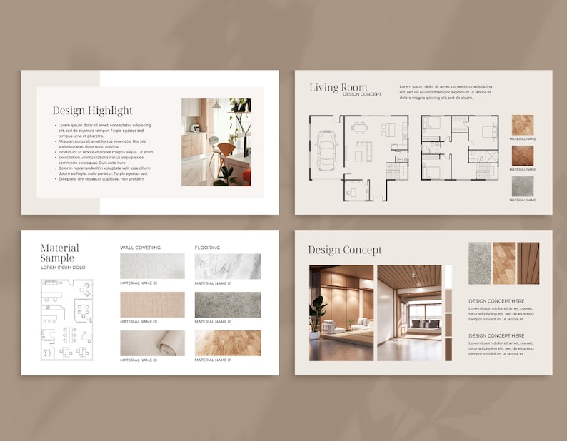 May include: A presentation board with a design concept for a living room. The board includes a floor plan, material samples, and design highlights. The design concept features a modern, minimalist aesthetic with a focus on natural materials.