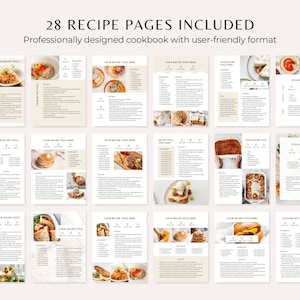 Puede incluir: Un conjunto de 28 p&aacute;ginas de recetas dise&ntilde;adas para un libro de cocina. Las p&aacute;ginas est&aacute;n dise&ntilde;adas profesionalmente con un formato f&aacute;cil de usar. Cada p&aacute;gina presenta un espacio para un t&iacute;tulo de receta, ingredientes, instrucciones y una foto del plato.