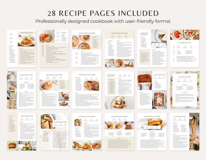 Puede incluir: Un conjunto de 28 p&aacute;ginas de recetas dise&ntilde;adas para un libro de cocina. Las p&aacute;ginas est&aacute;n dise&ntilde;adas profesionalmente con un formato f&aacute;cil de usar. Cada p&aacute;gina presenta un espacio para un t&iacute;tulo de receta, ingredientes, instrucciones y una foto del plato.