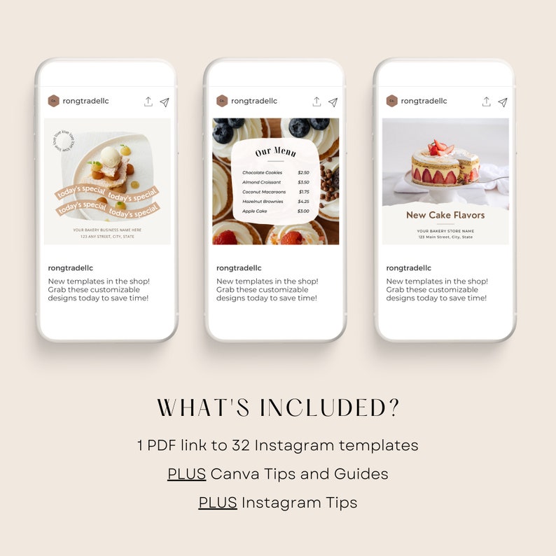 May include: Three mockups of Instagram posts for a bakery. The first post features a dessert with a red, white, and blue design. The second post features a menu with prices for various baked goods. The third post features a cake with strawberries and whipped cream. The text on the posts says "today's special" and "New Cake Flavors".