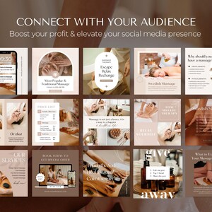 May include: A collage of 12 Instagram posts promoting massage therapy services. The posts feature images of massage therapists, massage tables, and essential oils. The text on the posts includes phrases like "Escape, Relax, Recharge", "Swedish Massage", "First Massage Therapy", and "What to Expect at Your Massage Session".