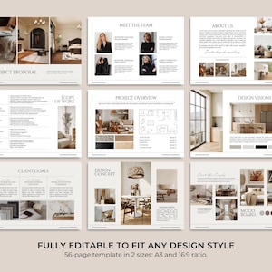 May include: A template for interior design projects, featuring layouts for project proposals, team introductions, and design concepts. The design includes images of interior spaces and text. The text reads: "FULLY EDITABLE TO FIT ANY DESIGN STYLE".