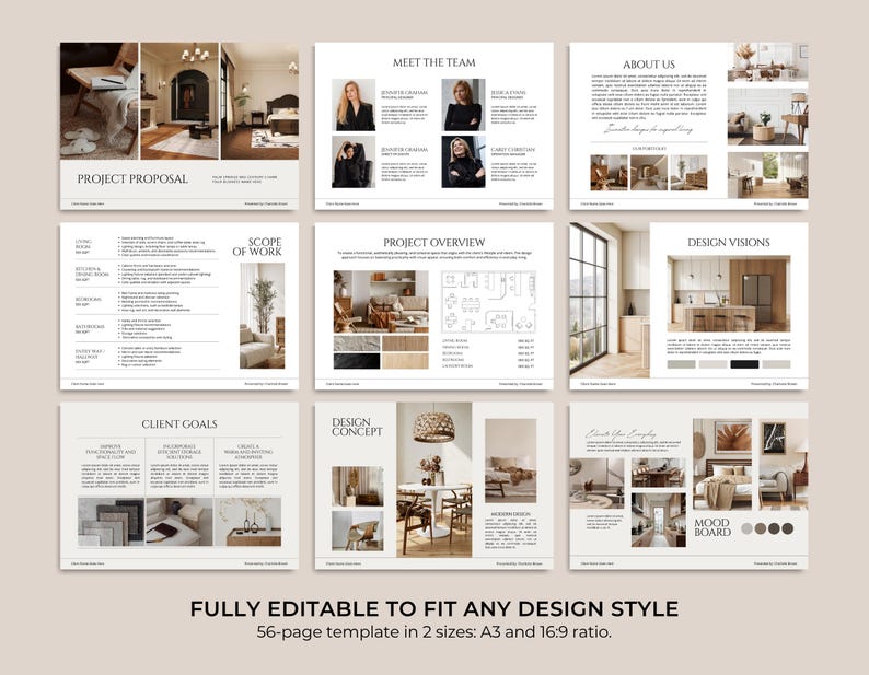 May include: A template for interior design projects, featuring layouts for project proposals, team introductions, and design concepts. The design includes images of interior spaces and text. The text reads: "FULLY EDITABLE TO FIT ANY DESIGN STYLE".