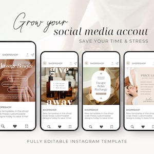 May include: Five Instagram story templates for a massage therapy business. The templates feature a light brown background with white text and graphics. The text includes "Massage Benefits", "Give Away", "Escape Relax Recharge", "Price List", and "New Templates in the shop! Grab these customisable designs today to save time!"
