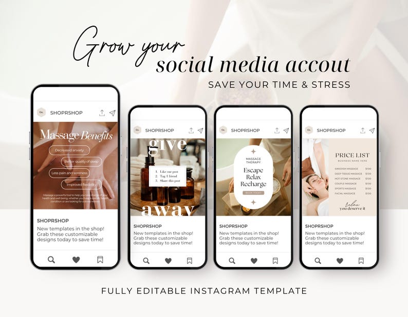 May include: Five Instagram story templates for a massage therapy business. The templates feature a light brown background with white text and graphics. The text includes "Massage Benefits", "Give Away", "Escape Relax Recharge", "Price List", and "New Templates in the shop! Grab these customisable designs today to save time!"