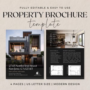 May include: A property brochure template with a modern design. The brochure features images of a house and interior, along with property details. Text includes "FULLY EDITABLE & EASY TO USE", "PROPERTY BROCHURE template", and address information.