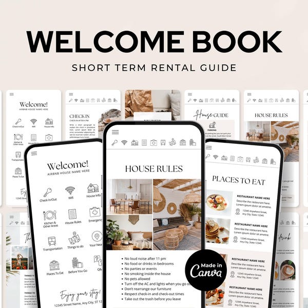 Digital Airbnb Welcome Book | Mobile Printable Guide Template | Editable Guest Book | VRBO, Vacation rental | Canva Template