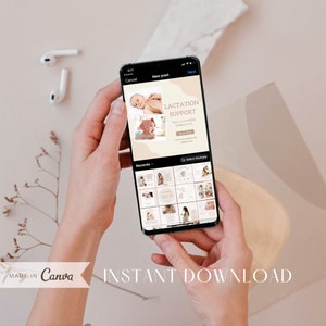 May include: A smartphone screen displaying a social media post for lactation support. The post includes a photo of a baby and a call to action to book now. The post also includes a grid of images of other social media posts.