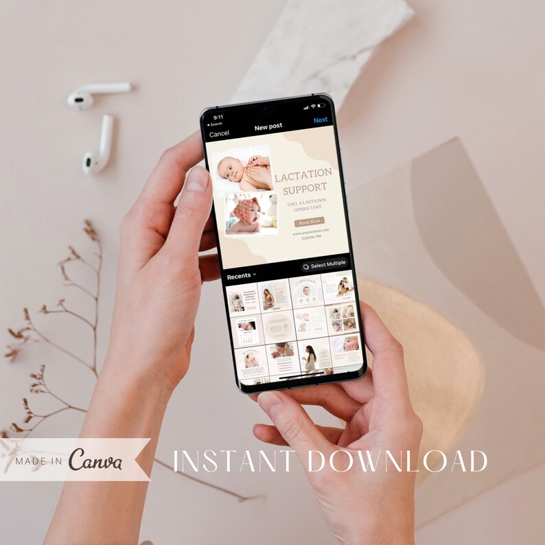 May include: A smartphone screen displaying a social media post for lactation support. The post includes a photo of a baby and a call to action to book now. The post also includes a grid of images of other social media posts.