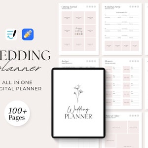 May include: A digital wedding planner with over 100 pages. The planner includes sections for getting started, wedding party, budget, flowers, guest seating, photo and video, and timeline. The cover features a simple floral design and the text "Wedding Planner".