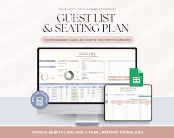 Wedding Budget, Guest List, Seating Plan | Preparation Checklist | Digital Wedding Planner Template | Google Sheets