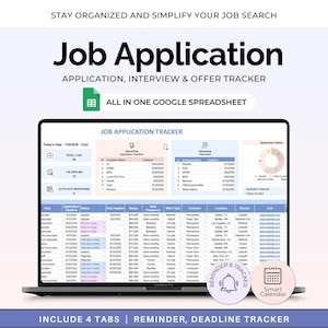 May include: A laptop screen displaying a job application tracker spreadsheet with columns for company name, deadline, status, salary, and work type. The interface includes a dashboard with total jobs, interview invitations, and a status pie chart.