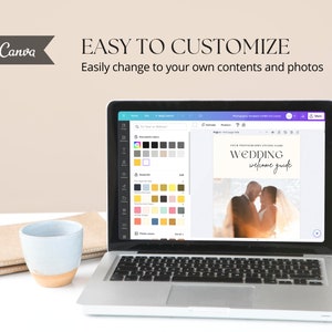 Peut inclure: Un &eacute;cran d'ordinateur portable affichant un mod&egrave;le de conception Canva pour un guide de bienvenue de mariage. Le mod&egrave;le pr&eacute;sente une photo d'un couple et le texte "WEDDING welcome guide".