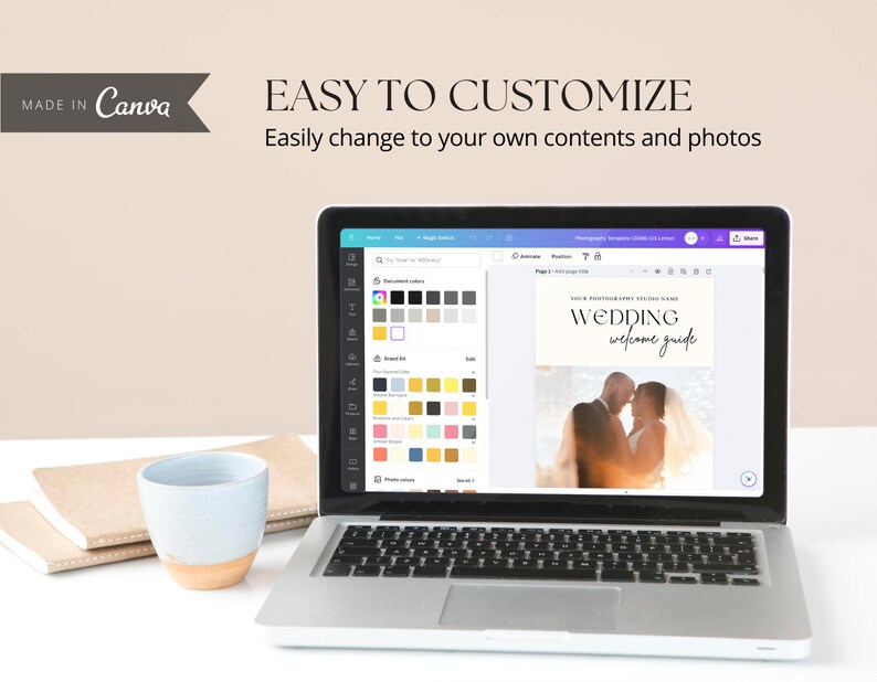 Peut inclure: Un &eacute;cran d'ordinateur portable affichant un mod&egrave;le de conception Canva pour un guide de bienvenue de mariage. Le mod&egrave;le pr&eacute;sente une photo d'un couple et le texte "WEDDING welcome guide".