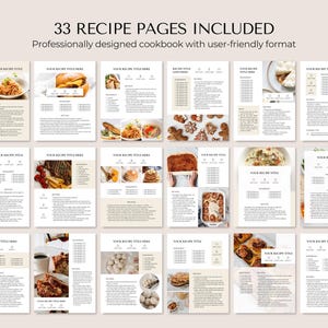 May include: A cookbook with 33 recipe pages. The pages feature a user-friendly format with recipe titles, ingredient lists, and instructions. The cookbook includes images of various dishes, such as pasta, burgers, and baked goods.