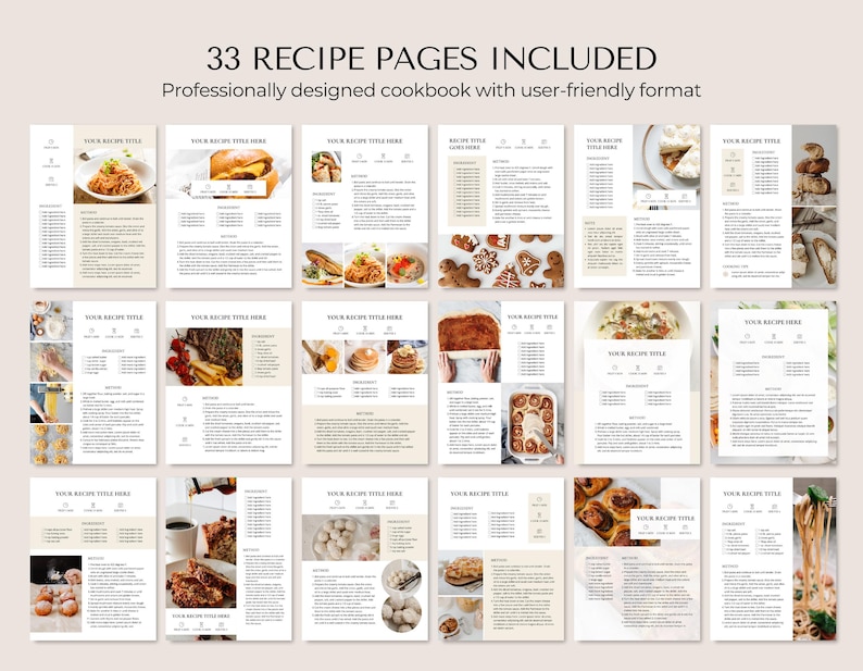 May include: A cookbook with 33 recipe pages. The pages feature a user-friendly format with recipe titles, ingredient lists, and instructions. The cookbook includes images of various dishes, such as pasta, burgers, and baked goods.