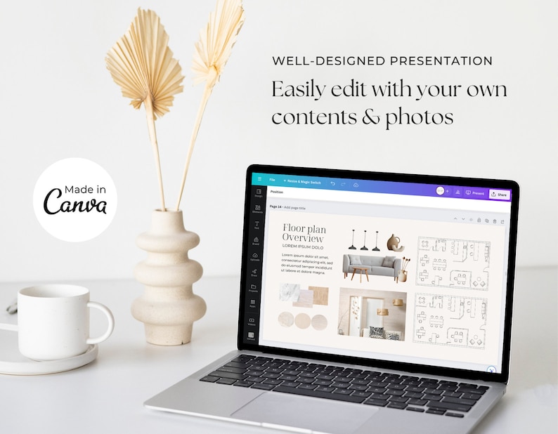 May include: A laptop computer displaying a presentation design template on the screen. The presentation is titled "Floor plan Overview" and includes a floor plan diagram, furniture, and text. The laptop is on a white table with a white mug and a vase with dried palm leaves.