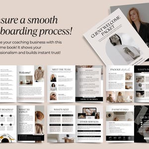 以下が含まれることがあります： ベージュと黒のデザインのウェルカムパックとパンフレット。「Ensure a smooth onboarding process!」と「Client Welcome Packet」の文字が入っています。パンフレットのページには、「Contents」、「Meet the Team」、「What's Included」の見出しがあります。