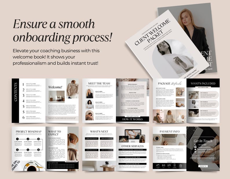 以下が含まれることがあります： ベージュと黒のデザインのウェルカムパックとパンフレット。「Ensure a smooth onboarding process!」と「Client Welcome Packet」の文字が入っています。パンフレットのページには、「Contents」、「Meet the Team」、「What's Included」の見出しがあります。