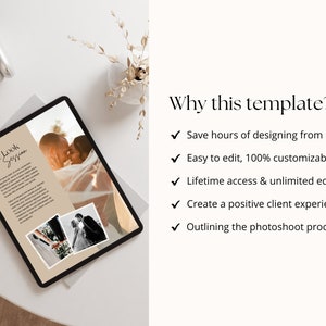 Peut inclure: Une tablette num&eacute;rique affichant un mod&egrave;le pour une s&eacute;ance photo de premier regard. Le mod&egrave;le pr&eacute;sente un couple qui s'embrasse et une zone de texte avec le titre "First Look Session". Le texte sous le titre d&eacute;crit les avantages de l'utilisation du mod&egrave;le, notamment le gain de temps, la facilit&eacute; d'&eacute;dition, l'acc&egrave;s &agrave; vie et la cr&eacute;ation d'une exp&eacute;rience client positive.