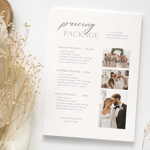 Lista de preços de fotografia de casamento | Modelo de folha de guia de preços de casamento | Pacote Coleção de Casamento | Guia de preços para fotógrafos | Canva editável