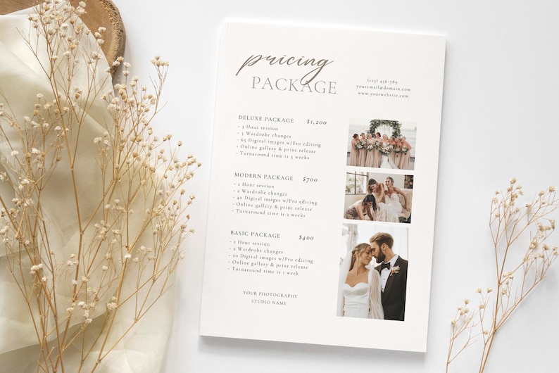 May include: A white pricing sheet with a brown script font for the title "pricing package". The sheet lists three wedding photography packages: Deluxe, Modern, and Basic. Each package includes a description of the services offered and the price. The sheet also includes a small image of a couple or group of people for each package.