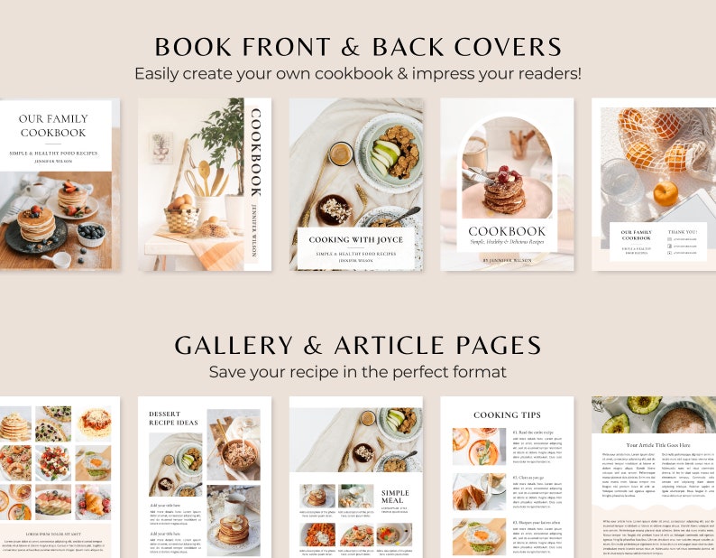 May include: A collection of images showcasing different cookbook templates. The templates feature a variety of food photography, including pancakes, fruit, and avocado toast. The text on the templates includes "Our Family Cookbook", "Cooking with Joyce", and "Simple Meals & Delicious Recipes".