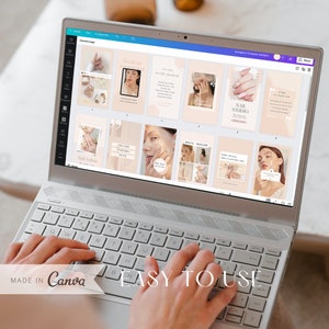 Puede incluir: Una computadora port&aacute;til con la pantalla mostrando una plantilla de dise&ntilde;o de Canva para publicaciones en redes sociales. La plantilla presenta un fondo rosa claro con im&aacute;genes de u&ntilde;as manicuradas y una mujer con una rutina de cuidado de la piel. El texto en la plantilla dice "Nail Salon", "Book an Appointment", "Nail Studio" y "This Week". La computadora port&aacute;til est&aacute; sobre una superficie blanca.