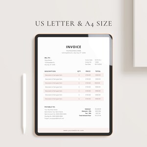 May include: A digital invoice template on a tablet screen. The invoice is for Olivia Wibon and includes a description of items, quantity, price, and total. The invoice also includes a section for payment information.