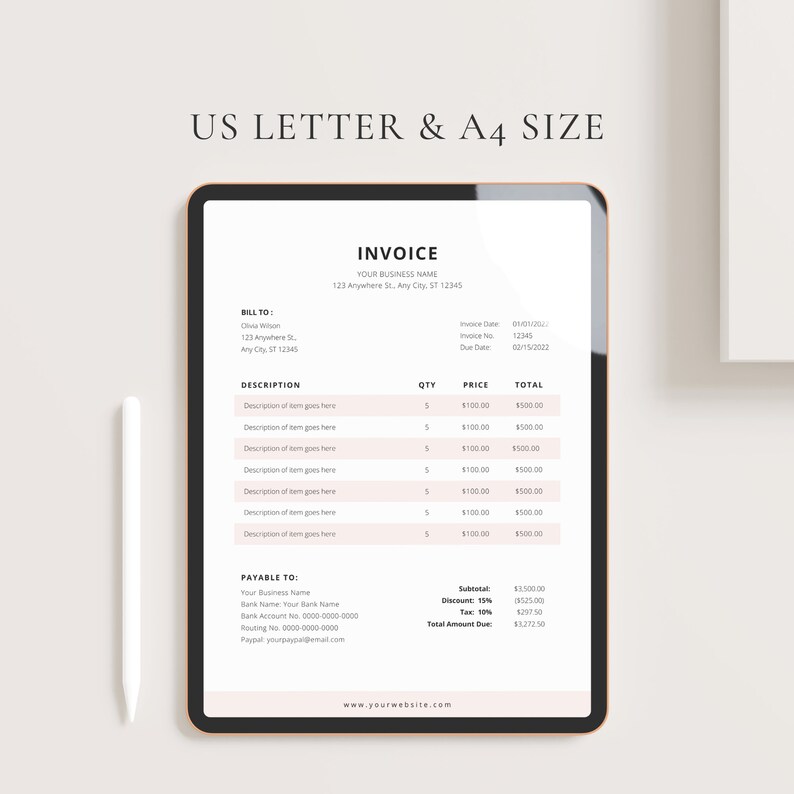 May include: A digital invoice template on a tablet screen. The invoice is for Olivia Wibon and includes a description of items, quantity, price, and total. The invoice also includes a section for payment information.
