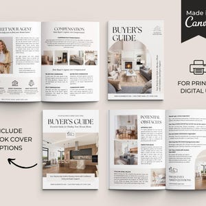 May include: A real estate buyer's guide template set featuring multiple page layouts with interior photography, text sections titled Meet Your Agent, Compensation, and Potential Obstacles, and a cover page with the text Buyer's Guide.