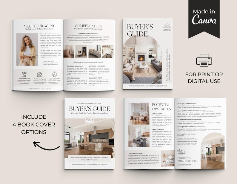 May include: A real estate buyer's guide template set featuring multiple page layouts with interior photography, text sections titled Meet Your Agent, Compensation, and Potential Obstacles, and a cover page with the text Buyer's Guide.