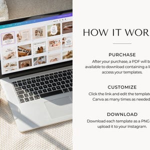 May include: A laptop computer displaying a Canva design template with a grid of 20 images. The images are of a spa setting with a neutral colour palette. The text "HOW IT WORKS" is displayed above the laptop. The text below the laptop reads "PURCHASE", "CUSTOMIZE", and "DOWNLOAD".